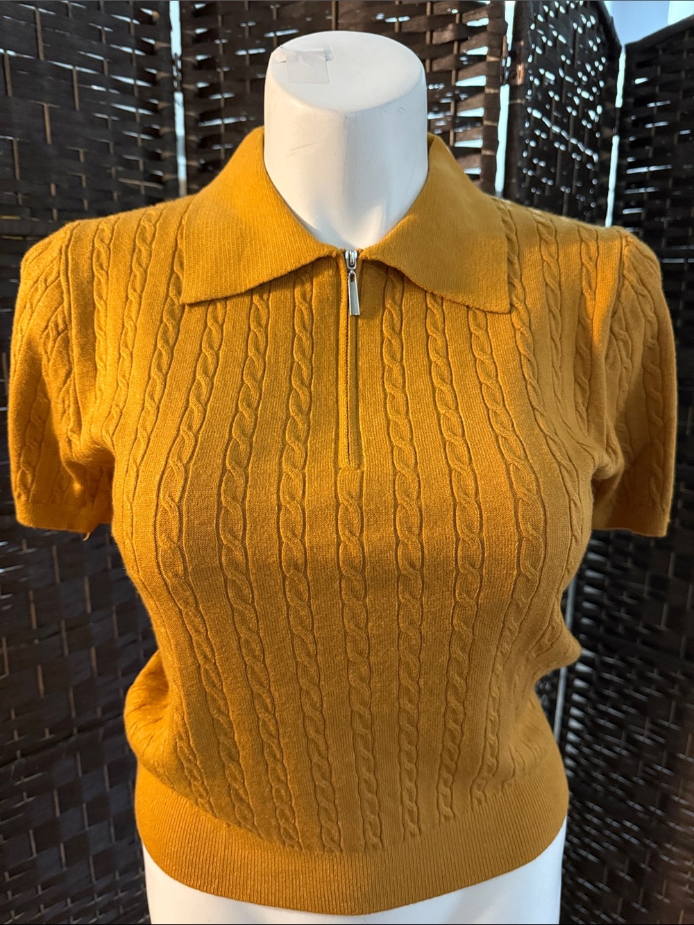 Mustard Cable-Knit Polo Sweater Top